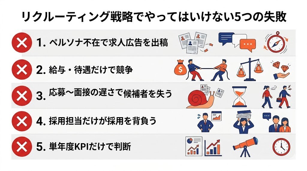 リクルーティング戦略でやってはいけない5つの失敗を示すインフォグラフィック