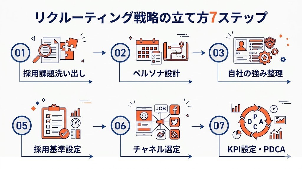 リクルーティング戦略の立て方7ステップを示すフロー図