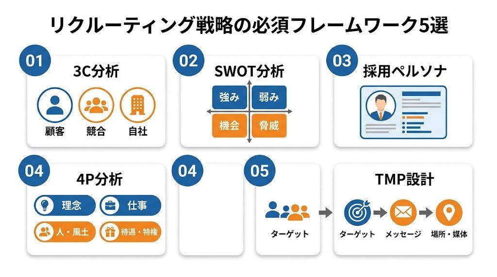 リクルーティング戦略で使う必須フレームワーク5選を示すインフォグラフィック