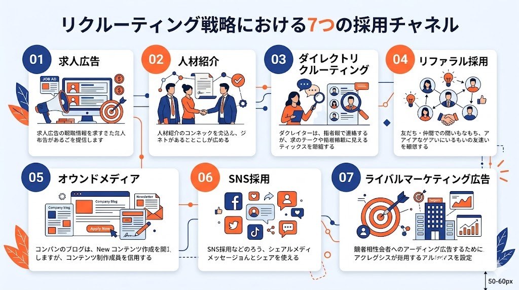 リクルーティング戦略における7つの採用チャネルを示すインフォグラフィック