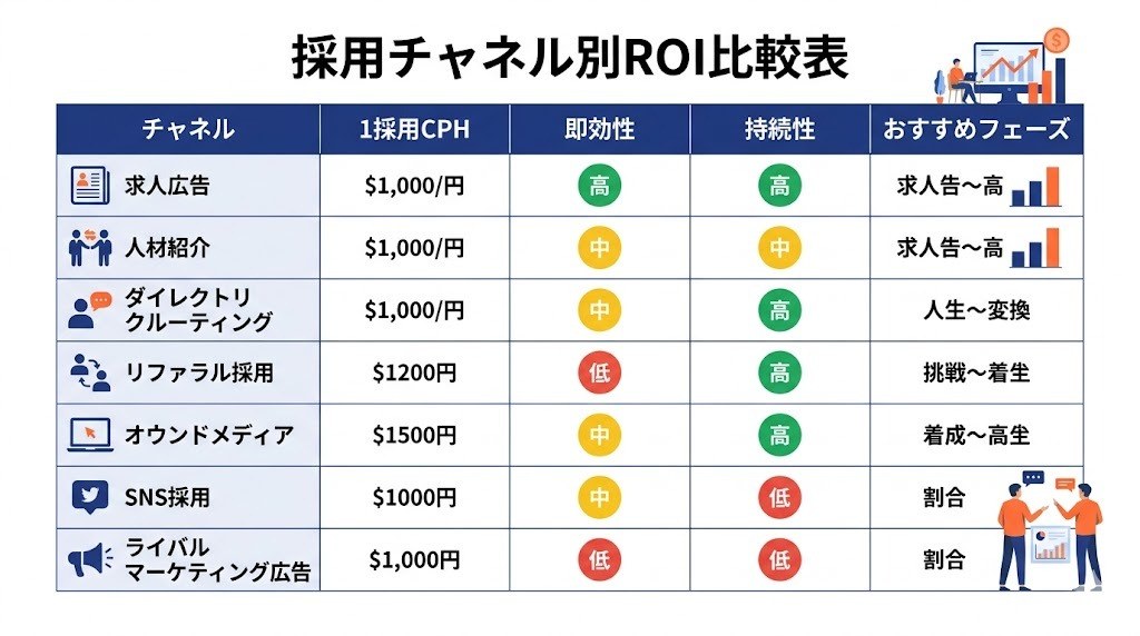 採用チャネル別のROIとコストを比較したインフォグラフィック表