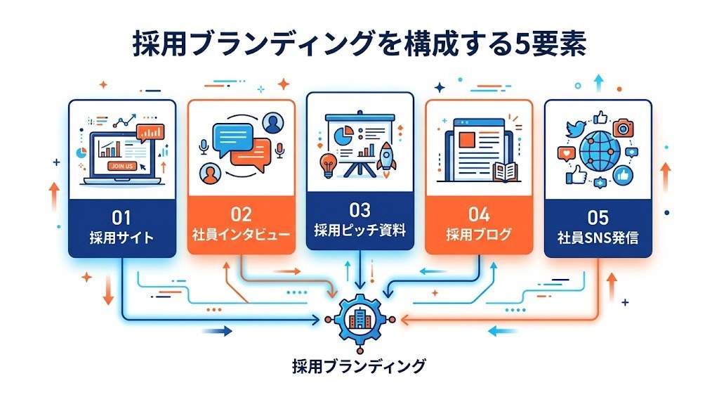 採用ブランディングを構成する5要素と作り方フロー図
