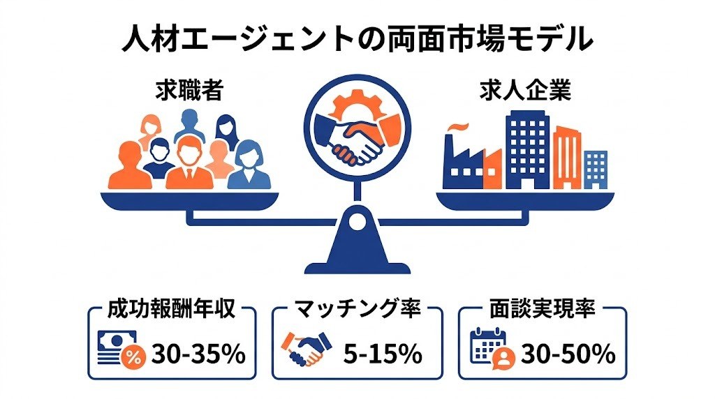 人材エージェントマーケティングの両面市場の構造図