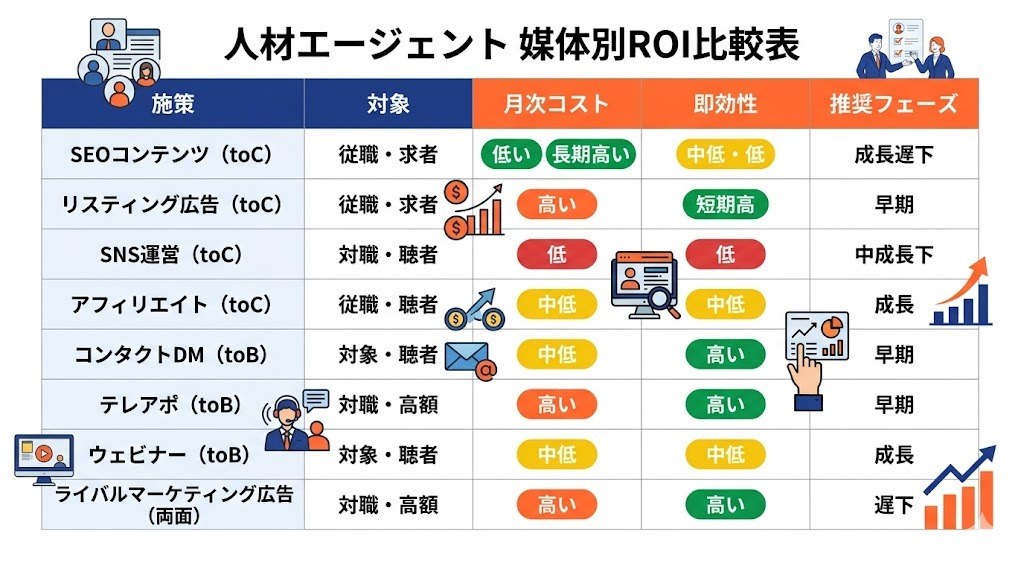 人材エージェントの集客施策の媒体別ROI比較表
