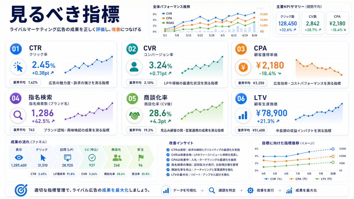 ライバルマーケティング広告で見るべき指標 CTR CVR CPA 指名検索 商談化率 LTV