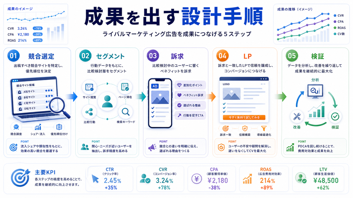 ライバルマーケティング広告で成果を出す設計手順 競合選定 セグメント 訴求 LP 検証
