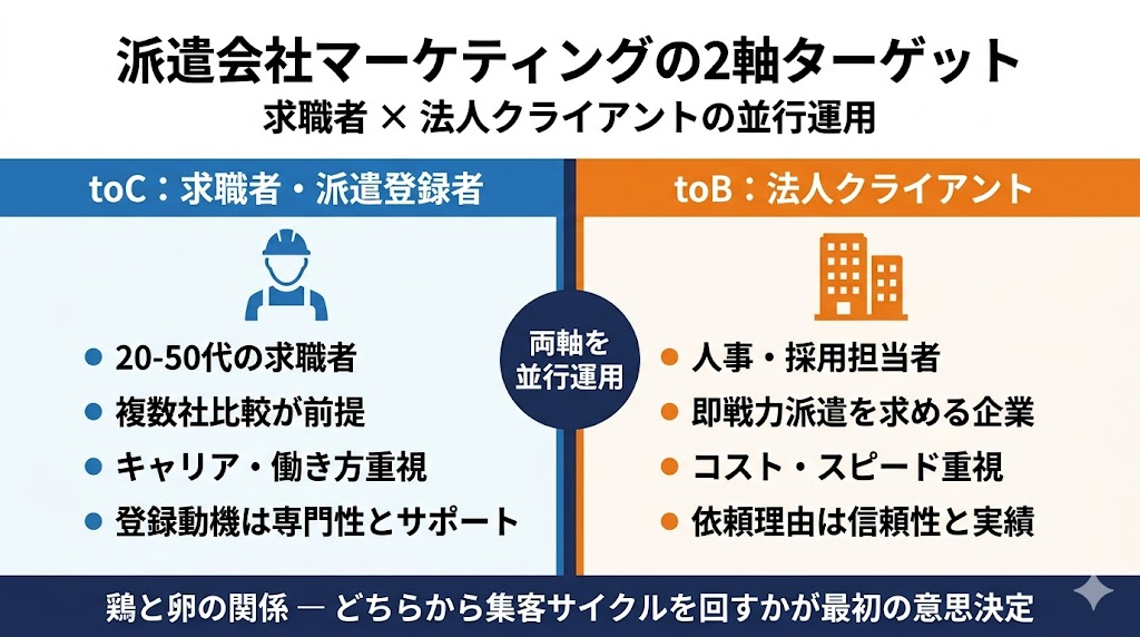 派遣会社の2軸ターゲット 求職者toC×法人クライアントtoB図