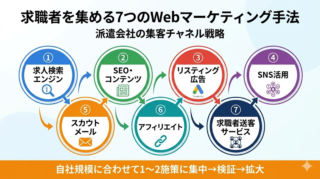 求職者を集める7つのWebマーケティング手法フロー図