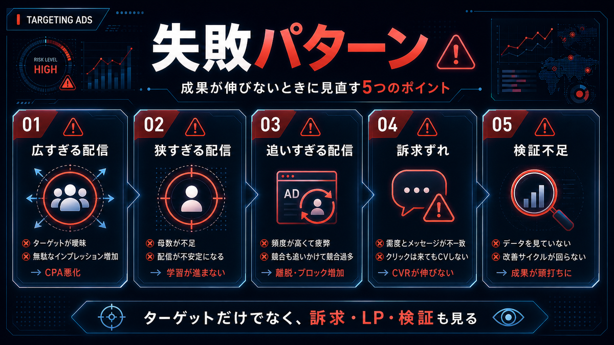 ターゲティング広告の失敗パターン 広すぎる配信 狭すぎる配信 追いすぎる配信