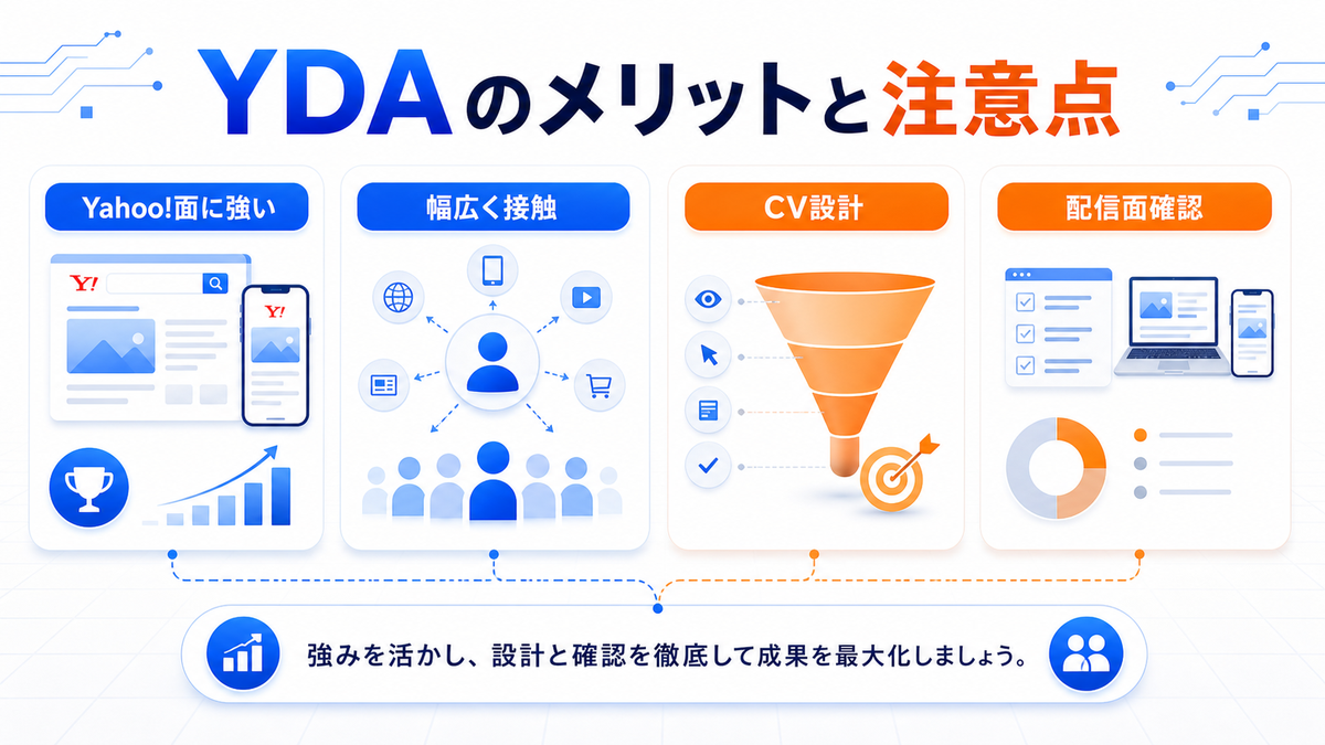 YDAのメリットと注意点 Yahoo!面に強い 幅広く接触 CV設計 配信面確認