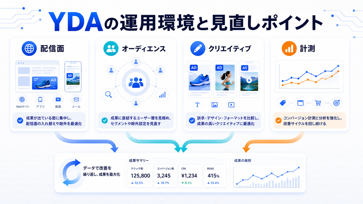YDAの運用環境と見直しポイント 配信面 オーディエンス クリエイティブ 計測のimage2.0図解