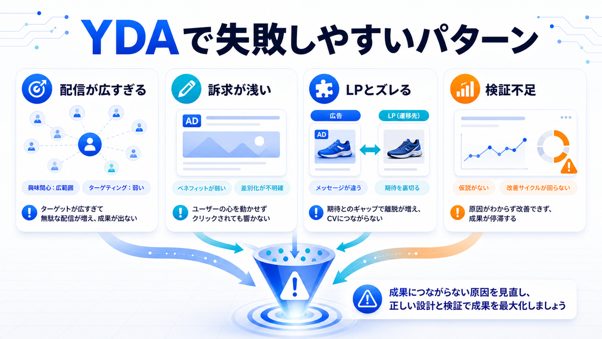 YDAで失敗しやすいパターン 配信が広すぎる 訴求が浅い LPとズレる 検証不足のimage2.0図解