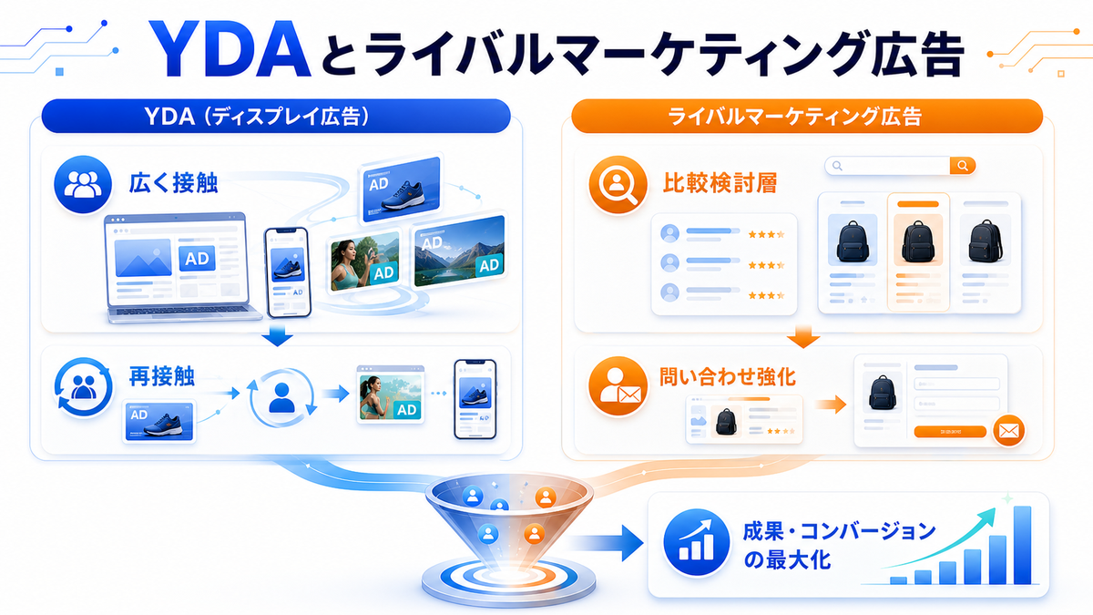 YDAとライバルマーケティング広告 広く接触 再接触 比較検討層 問い合わせ強化