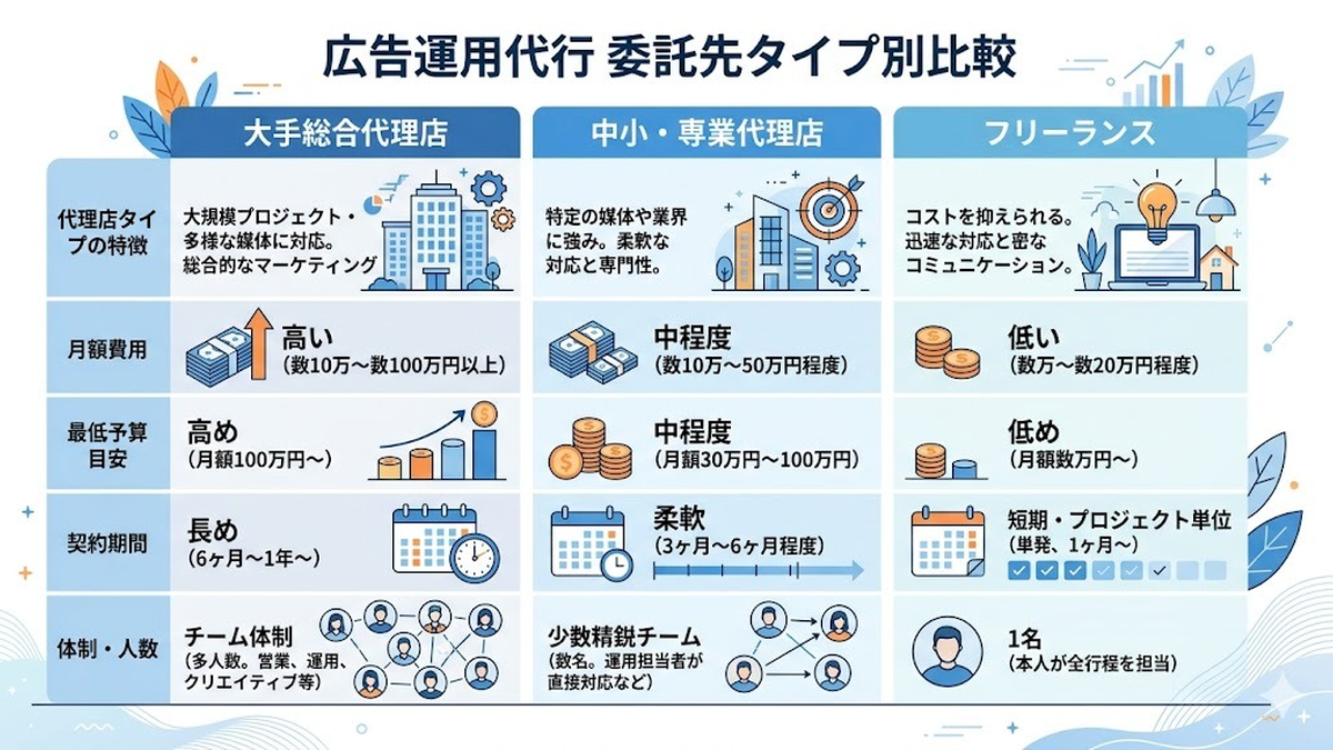 広告運用代行の委託先タイプ別比較 大手 中小 フリーランス