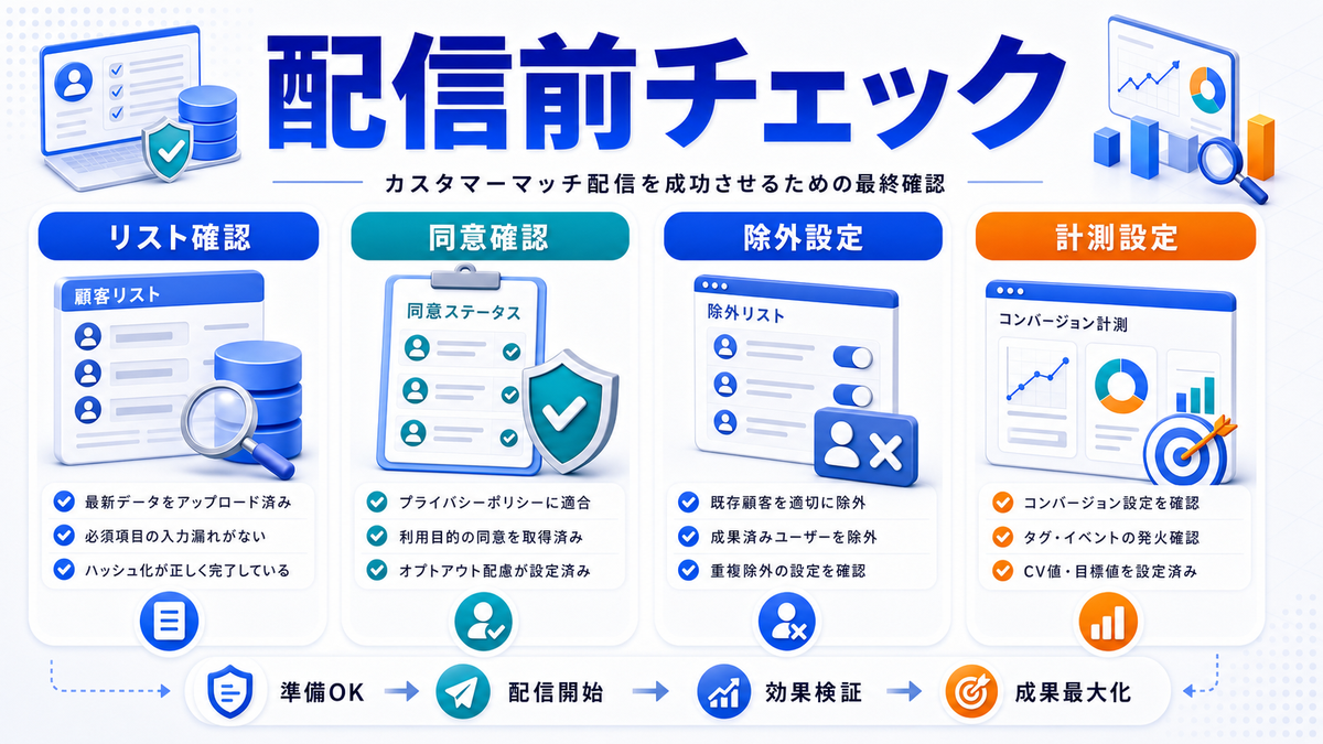 カスタマーマッチの配信前チェックリストを解説するimage2.0図解