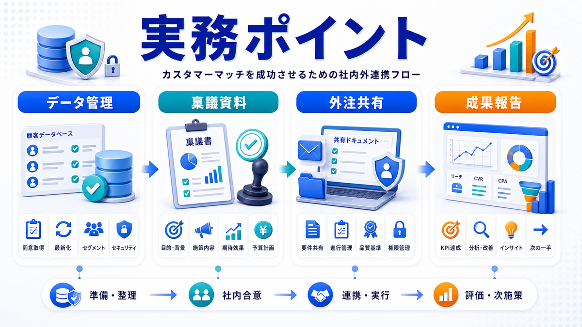 カスタマーマッチの社内説明稟議外注実務ポイントを解説するimage2.0図解