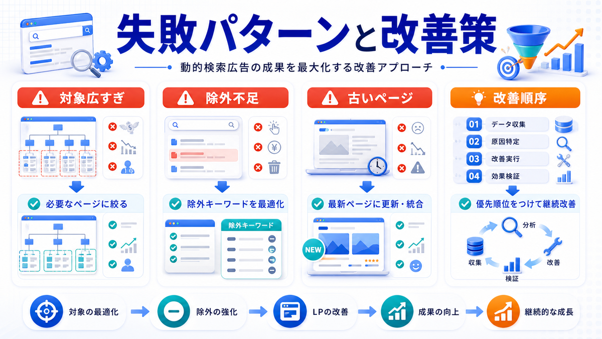 動的検索広告で失敗しやすいパターンと改善策を解説するimage2.0図解