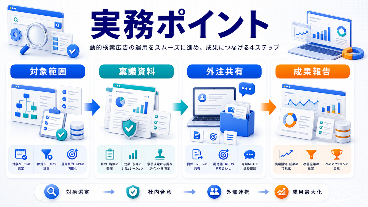 動的検索広告の社内説明稟議外注実務ポイントを解説するimage2.0図解