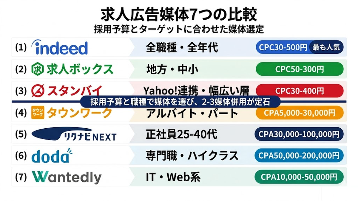 求人広告媒体7つの比較 Indeed 求人ボックス スタンバイなど