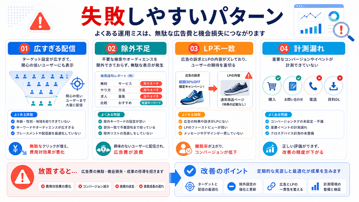 Google広告で失敗しやすいパターン 広すぎる配信 除外不足 LP不一致 計測漏れ Image 2.0図解
