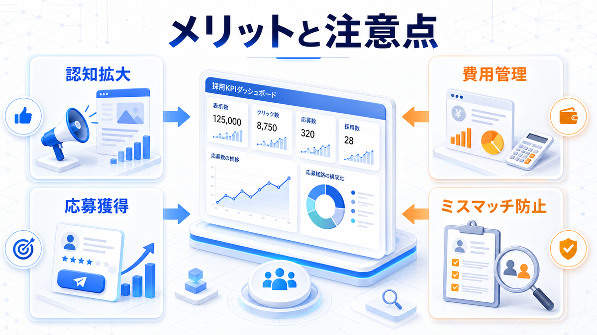 求人広告のメリットと注意点 認知拡大 応募獲得 費用管理 ミスマッチ防止 image2.0図解