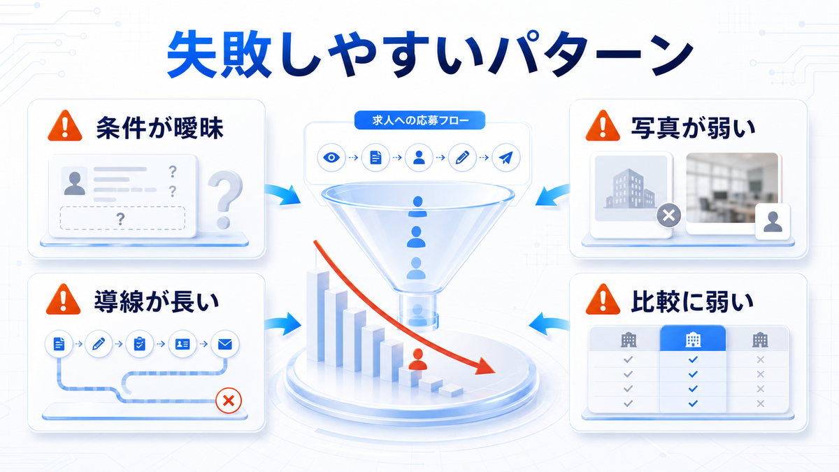 求人広告で失敗しやすいパターン 条件が曖昧 写真が弱い 導線が長い 比較に弱い image2.0図解