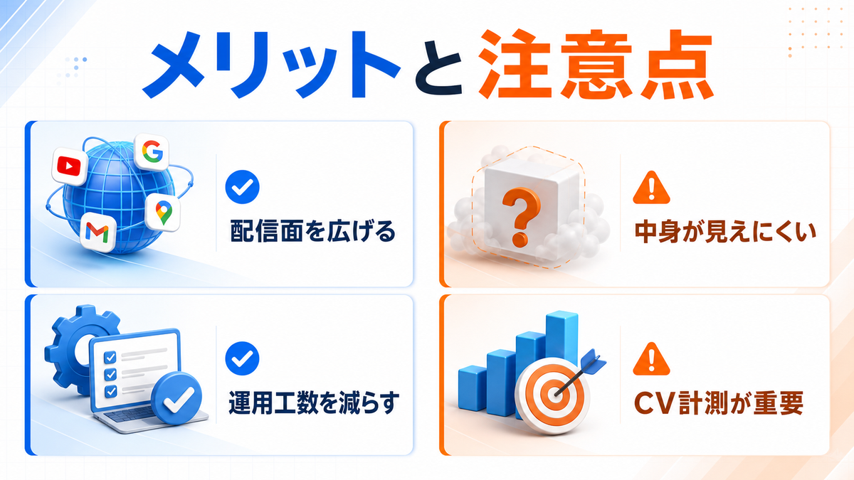 P-MAX広告のメリットと注意点 配信面拡大 運用工数削減 CV計測