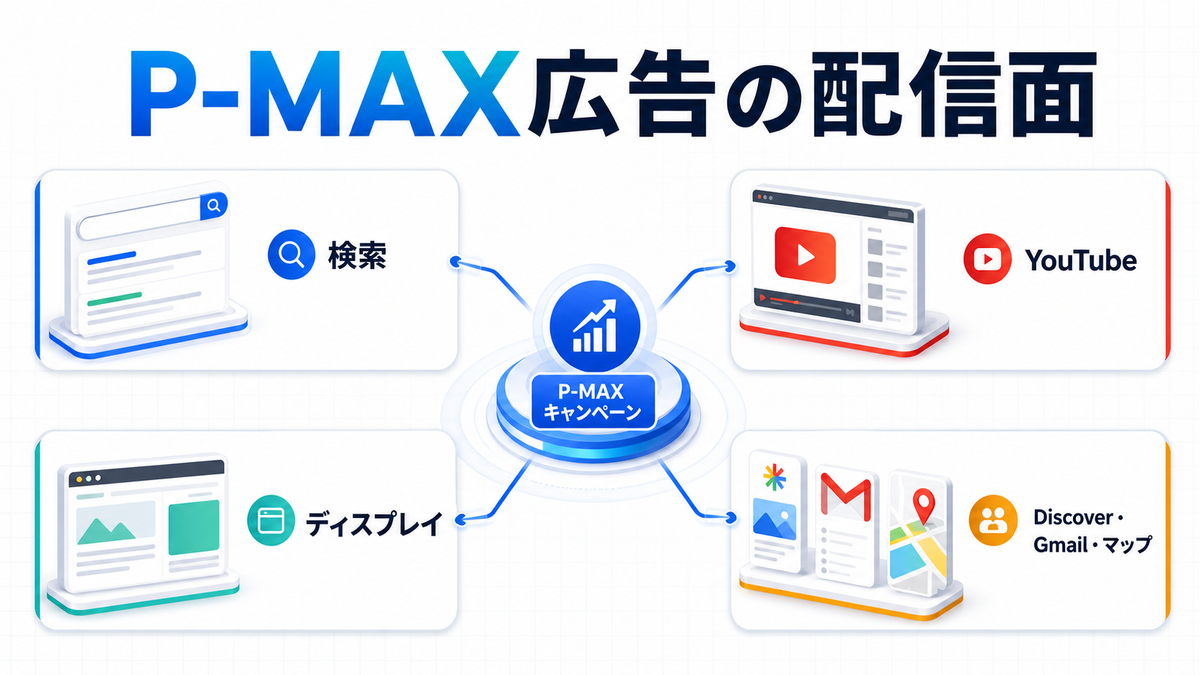 P-MAX広告の配信面 検索 YouTube ディスプレイ Discover Gmail マップ