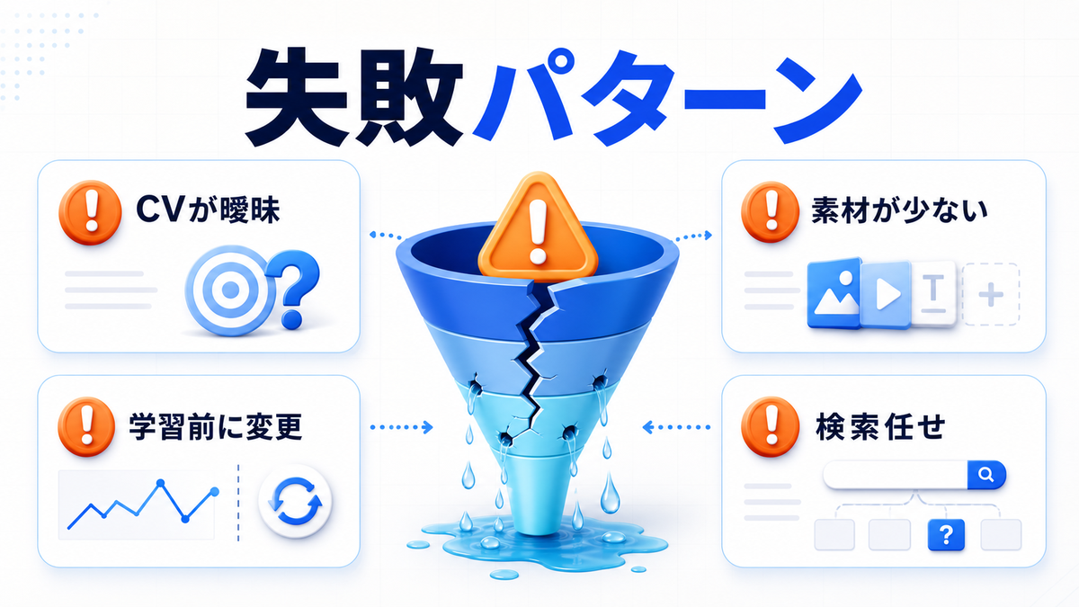P-MAX広告で失敗しやすいパターン CV曖昧 素材不足 学習前変更 検索任せ