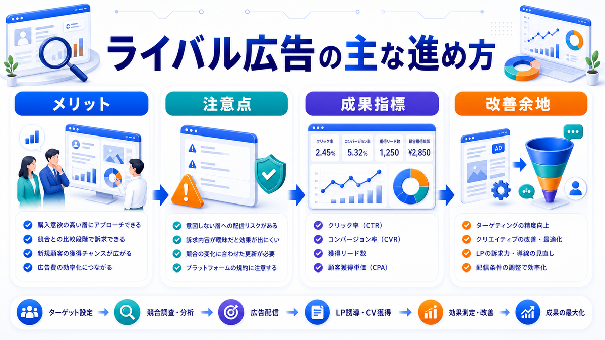 ライバルマーケティング広告の仕組みとは？競合サイト訪問者へ届ける考え方と活用法 ライバルマーケティング広告の仕組みの主な進め方 Image 2.0図解