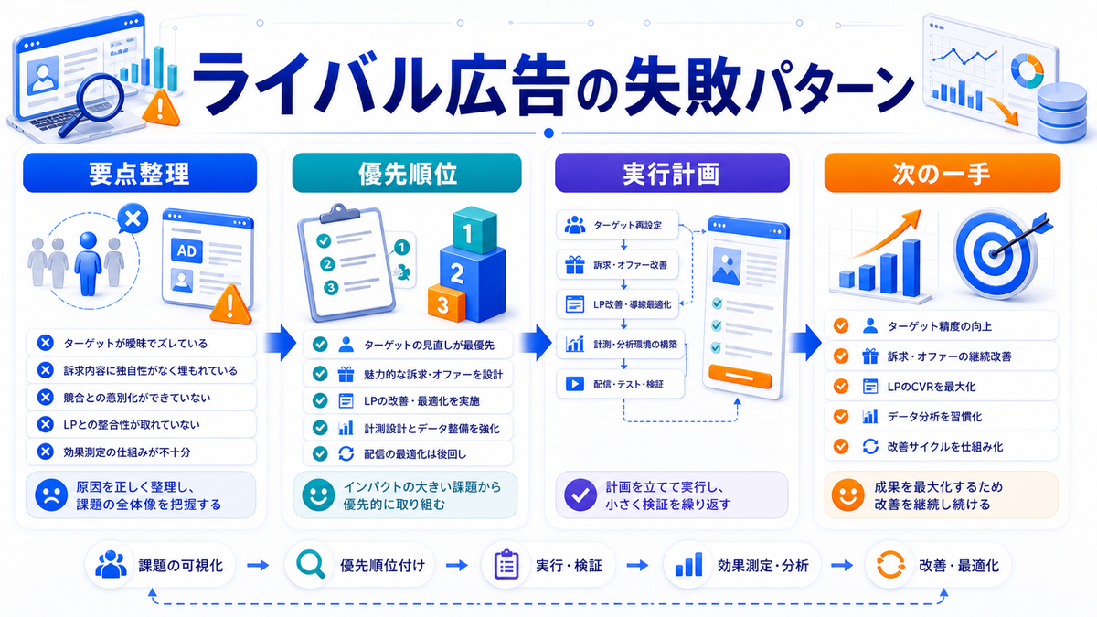 ライバルマーケティング広告の仕組みとは？競合サイト訪問者へ届ける考え方と活用法 ライバルマーケティング広告の仕組みで失敗しやすいパターン Image 2.0図解
