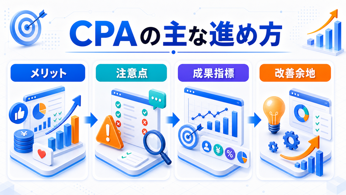 CPAとは？広告運用での目標設定・改善方法とライバルマーケティング広告 CPAの主な進め方 Image 2.0図解
