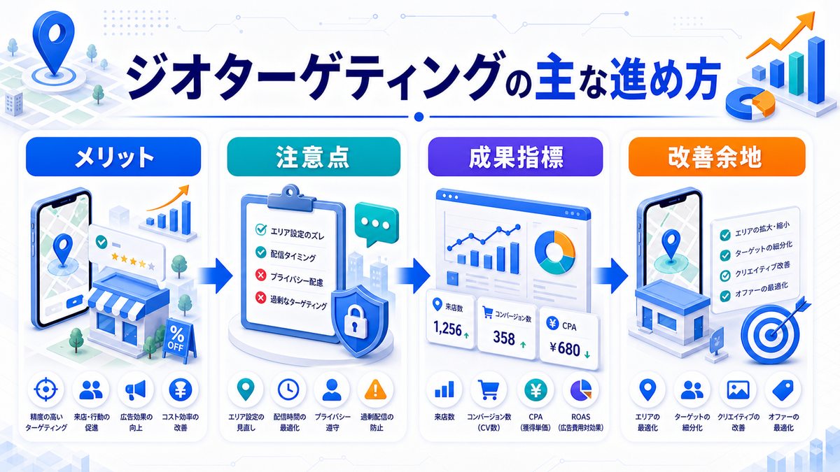 ジオターゲティングとは？位置情報広告の使い方とライバルマーケティング広告の活用法 ジオターゲティングの主な進め方 Image 2.0図解