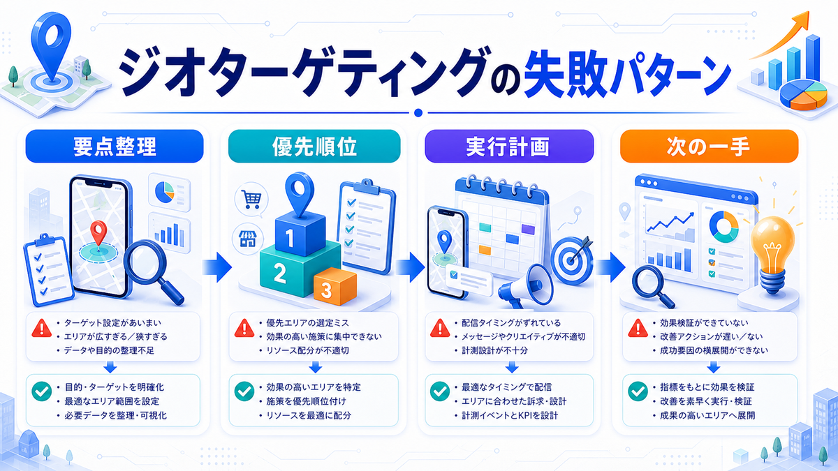 ジオターゲティングとは？位置情報広告の使い方とライバルマーケティング広告の活用法 ジオターゲティングで失敗しやすいパターン Image 2.0図解