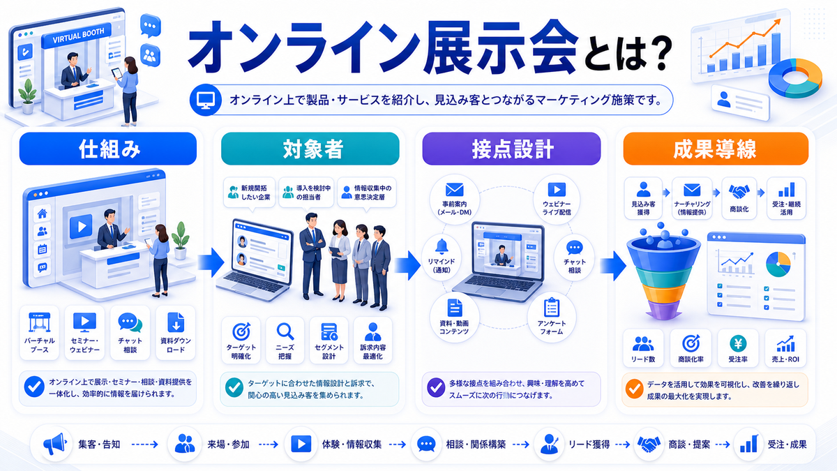 オンライン展示会とは?集客・商談化のコツとライバルマーケティング広告 オンライン展示会とは? Image 2.0図解