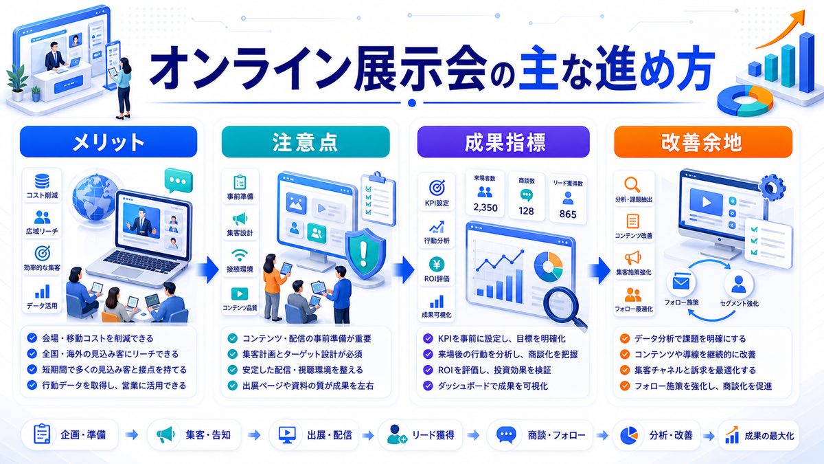 オンライン展示会とは?集客・商談化のコツとライバルマーケティング広告 オンライン展示会の主な進め方 Image 2.0図解