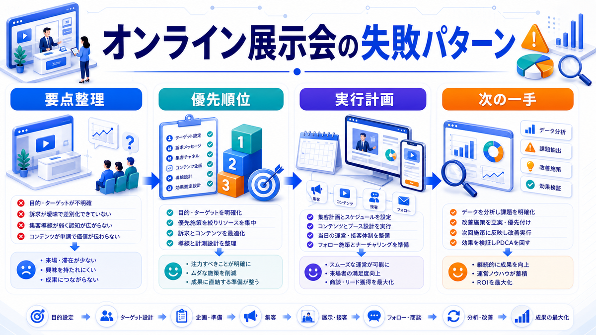 オンライン展示会とは?集客・商談化のコツとライバルマーケティング広告 オンライン展示会で失敗しやすいパターン Image 2.0図解