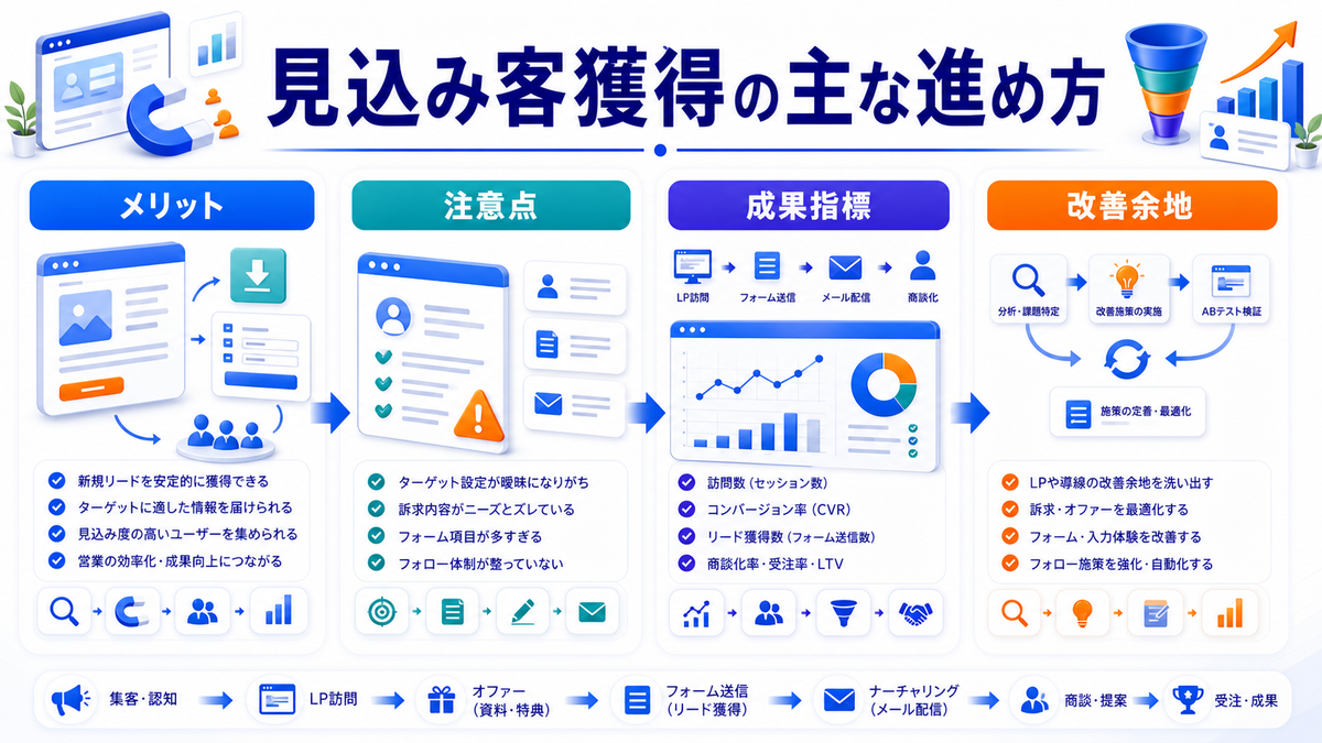 見込み客とは?潜在顧客との違い・獲得方法とライバルマーケティング広告 見込み客の主な進め方 Image 2.0図解