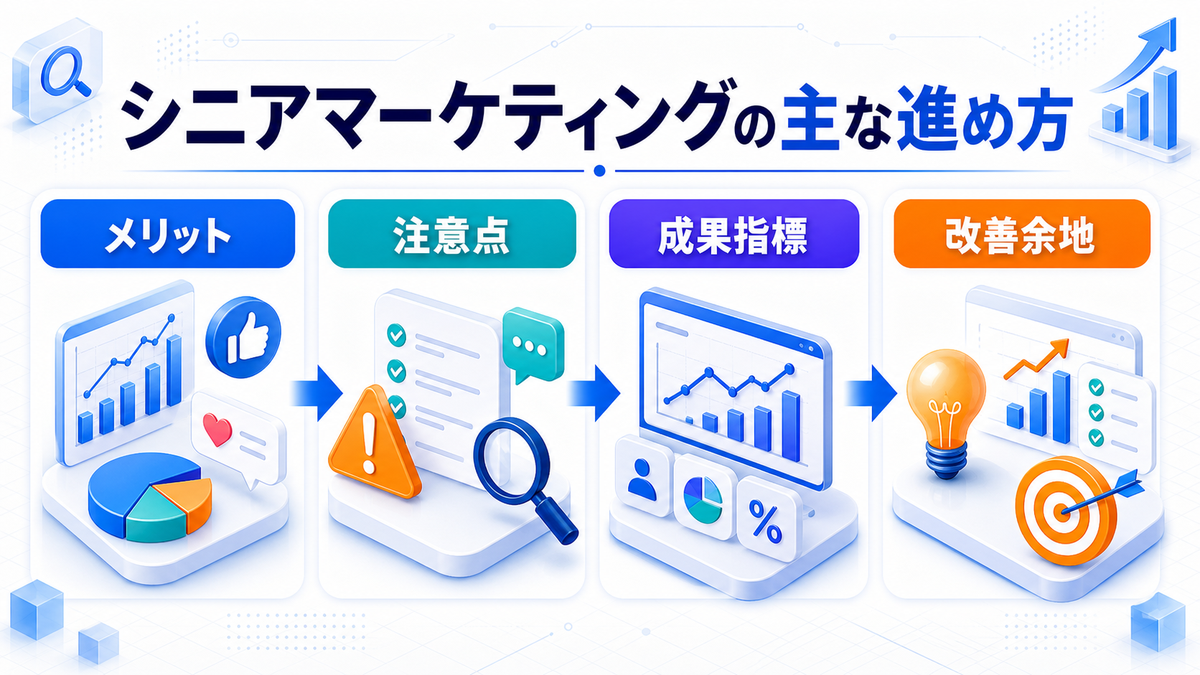 シニアマーケティングとは?特徴・手法・注意点とライバルマーケティング広告 シニアマーケティングの主な進め方 Image 2.0図解