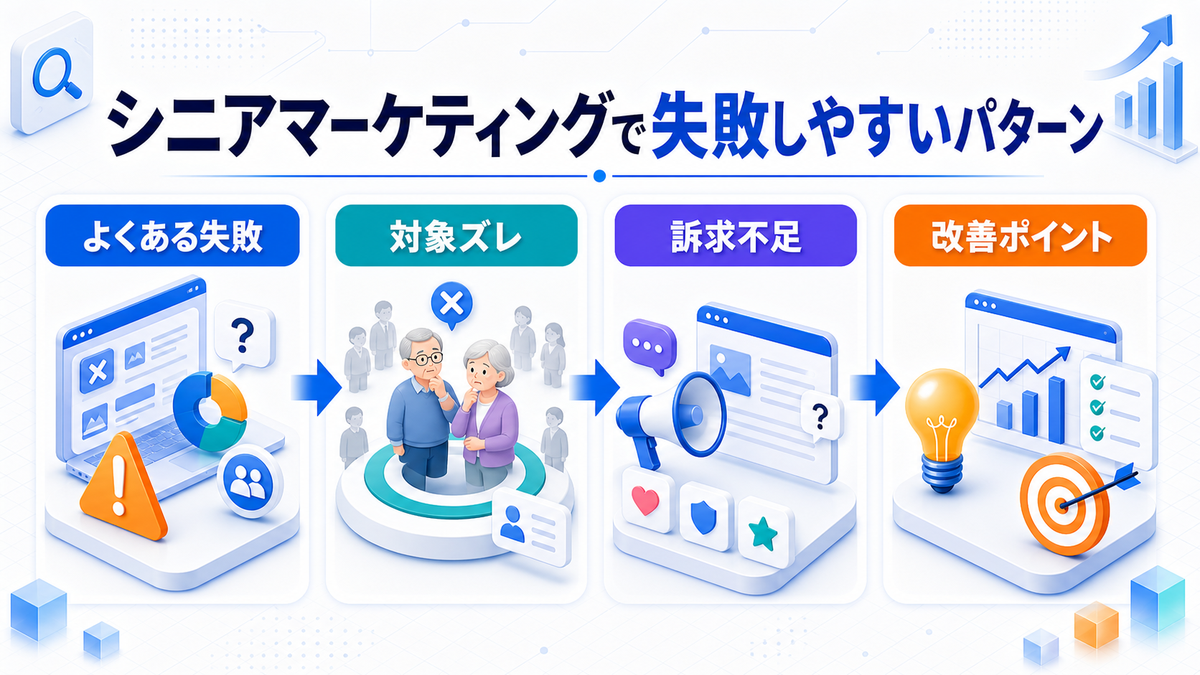 シニアマーケティングとは?特徴・手法・注意点とライバルマーケティング広告 シニアマーケティングで失敗しやすいパターン Image 2.0図解