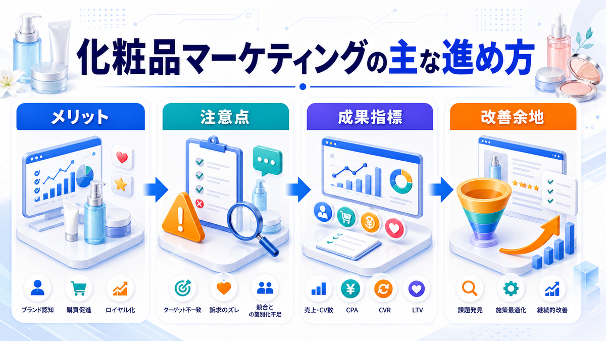 化粧品マーケティングとは?集客・広告戦略とライバルマーケティング広告 化粧品マーケティングの主な進め方 Image 2.0図解