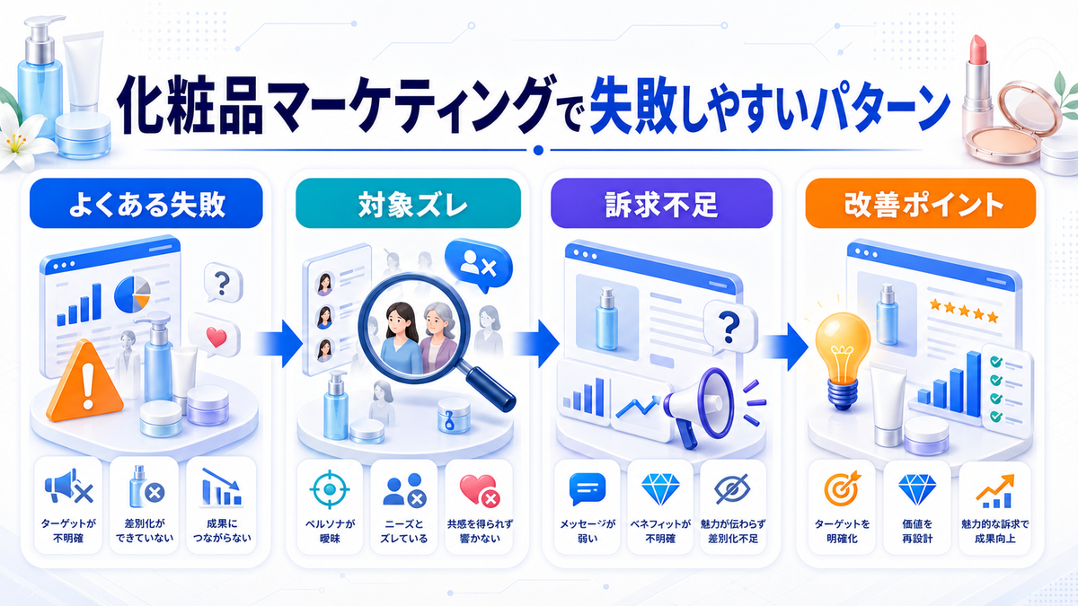化粧品マーケティングとは?集客・広告戦略とライバルマーケティング広告 化粧品マーケティングで失敗しやすいパターン Image 2.0図解