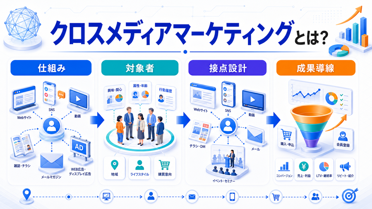 クロスメディアマーケティングとは？媒体連携の設計とライバルマーケティング広告 クロスメディアマーケティングとは？ Image 2.0図解