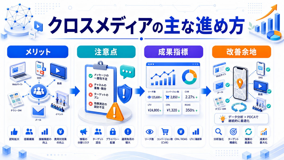 クロスメディアマーケティングとは？媒体連携の設計とライバルマーケティング広告 クロスメディアマーケティングの主な進め方 Image 2.0図解