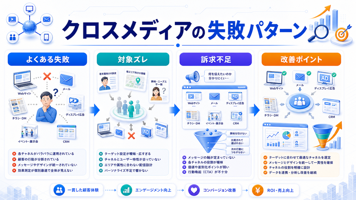 クロスメディアマーケティングとは？媒体連携の設計とライバルマーケティング広告 クロスメディアマーケティングで失敗しやすいパターン Image 2.0図解