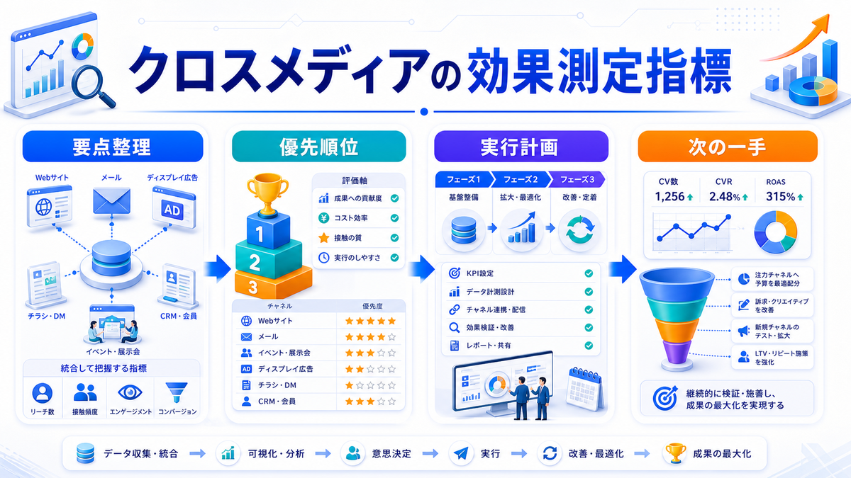 クロスメディアマーケティングとは？媒体連携の設計とライバルマーケティング広告 クロスメディアマーケティングの効果測定で見るべき指標 Image 2.0図解