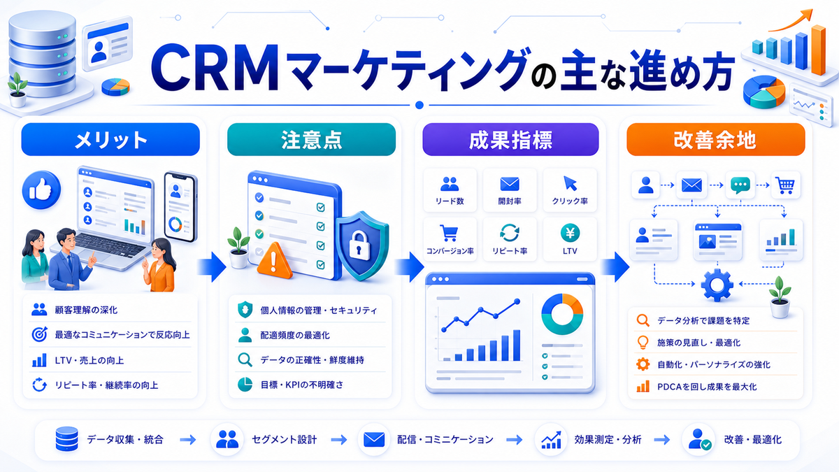 CRMマーケティングとは？顧客データ活用とライバルマーケティング広告 CRMマーケティングの主な進め方 Image 2.0図解
