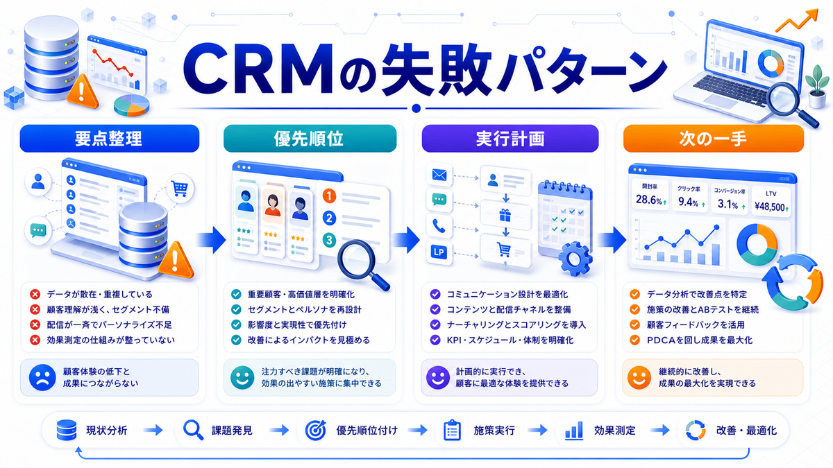 CRMマーケティングとは？顧客データ活用とライバルマーケティング広告 CRMマーケティングで失敗しやすいパターン Image 2.0図解