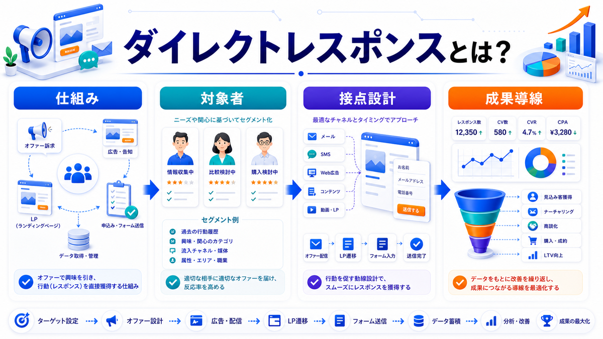 ダイレクトレスポンスマーケティングとは?成果に直結する設計とライバルマーケティング広告 ダイレクトレスポンスマーケティングとは? Image 2.0図解