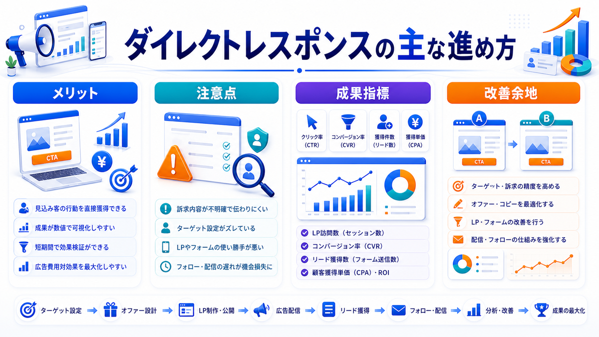 ダイレクトレスポンスマーケティングとは?成果に直結する設計とライバルマーケティング広告 ダイレクトレスポンスマーケティングの主な進め方 Image 2.0図解